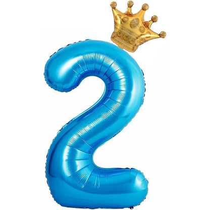 Balon din Folie Metalizata Klevo, Figurina Cifra si Coroana, Tema Aniversare 100 cm, Ambalaj Individual, Pai inclus, Umflare cu Aer sau Heliu, Albastru, Cifra 2