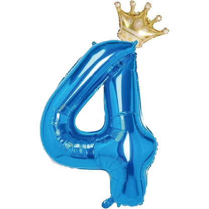 Balon din Folie Metalizata Klevo, Figurina Cifra si Coroana, Tema Aniversare 100 cm, Ambalaj Individual, Pai inclus, Umflare cu Aer sau Heliu, Albastru, Cifra 4