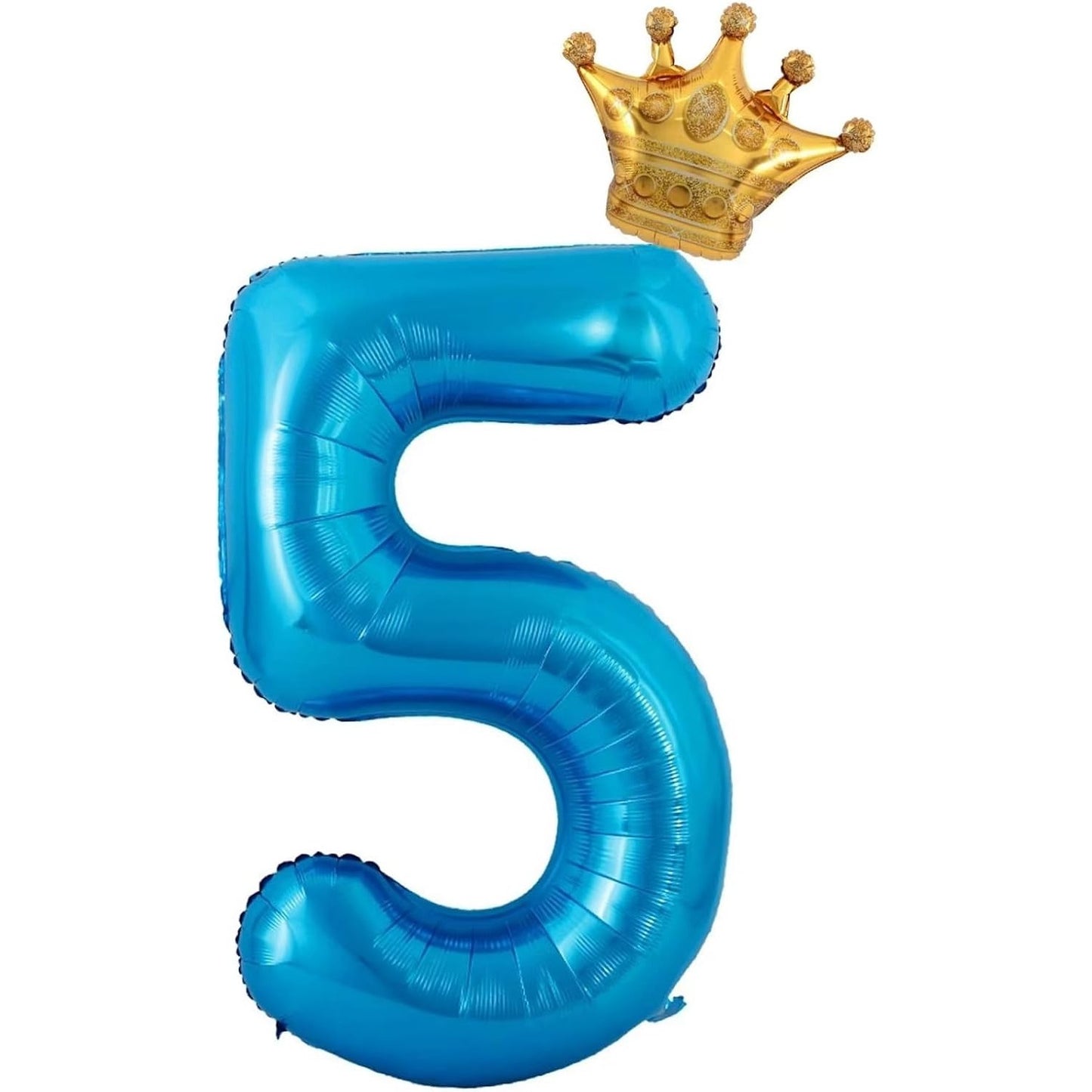 Balon din Folie Metalizata Klevo, Figurina Cifra si Coroana, Tema Aniversare 100 cm, Ambalaj Individual, Pai inclus, Umflare cu Aer sau Heliu, Albastru, Cifra 5