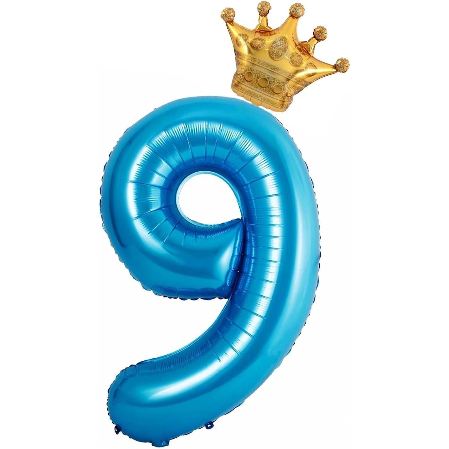 Balon din Folie Metalizata Klevo, Figurina Cifra si Coroana, Tema Aniversare 100 cm, Ambalaj Individual, Pai inclus, Umflare cu Aer sau Heliu, Albastru, Cifra 9