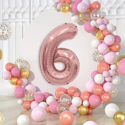Balon din Folie Metalizata Klevo, Figurina Cifra, Tema Aniversare 100 cm, Ambalaj Individual, Pai inclus, Umflare cu Aer sau Heliu, Coral, Rose, Cifra 6