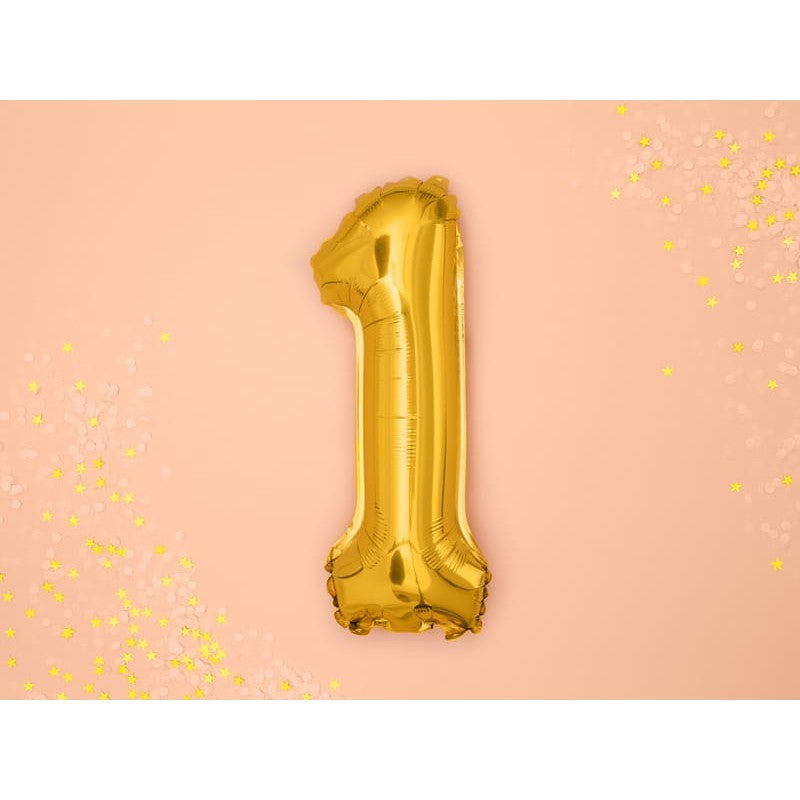 Balon din Folie Metalizata Klevo, Figurina Cifra, Tema Aniversare 100 cm, Ambalaj Individual, Pai inclus, Umflare cu Aer sau Heliu, Auriu, Cifra 1