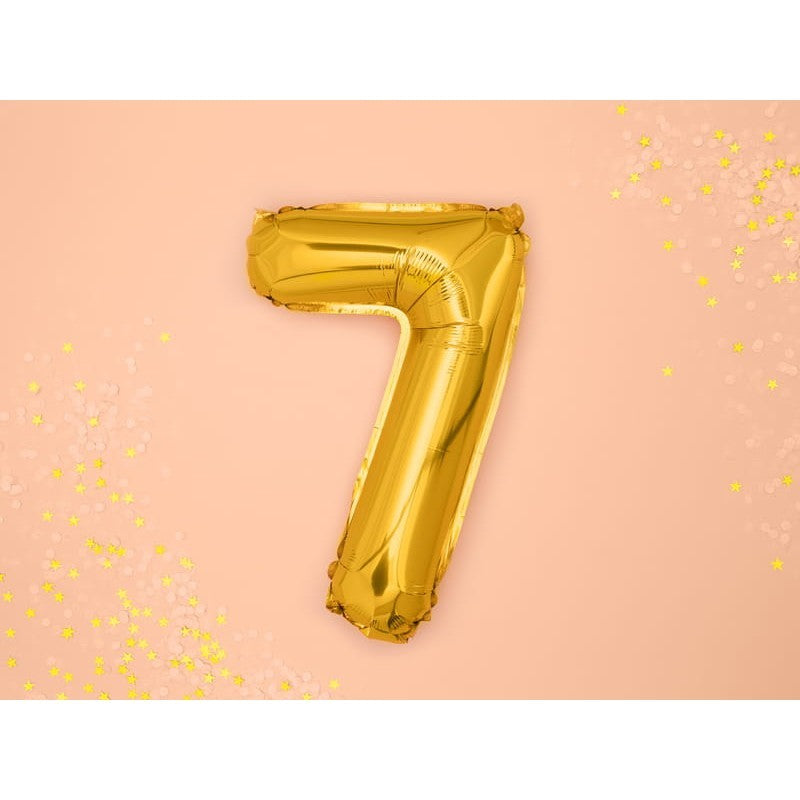 Balon din Folie Metalizata Klevo, Figurina Cifra, Tema Aniversare 100 cm, Ambalaj Individual, Pai inclus, Umflare cu Aer sau Heliu, Auriu, Cifra 7