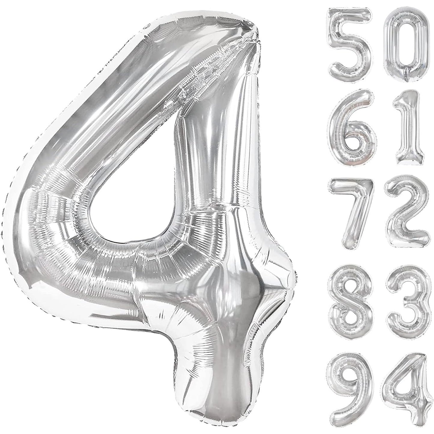 Balon din Folie Metalizata, Klevo, Figurina Cifra, Tema Aniversare 100 cm, Ambalaj Individual, Pai inclus, Umflare cu Aer sau Heliu, Argintiu, Cifra 4