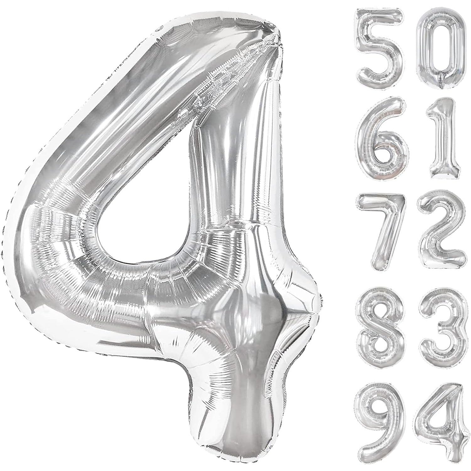 Balon din Folie Metalizata, Klevo, Figurina Cifra, Tema Aniversare 100 cm, Ambalaj Individual, Pai inclus, Umflare cu Aer sau Heliu, Argintiu, Cifra 4