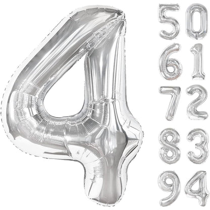 Balon din Folie Metalizata, Klevo, Figurina Cifra, Tema Aniversare 100 cm, Ambalaj Individual, Pai inclus, Umflare cu Aer sau Heliu, Argintiu, Cifra 4