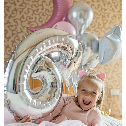 Balon din Folie Metalizata, Klevo, Figurina Cifra, Tema Aniversare 100 cm, Ambalaj Individual, Pai inclus, Umflare cu Aer sau Heliu, Argintiu, Cifra 6