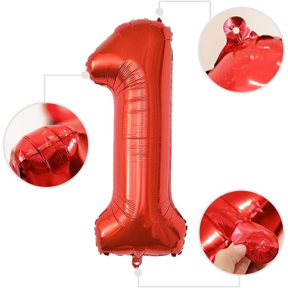 Balon din Folie Metalizata Klevo, Figurina Cifra, Tema Aniversare 100 cm, Ambalaj Individual, Pai inclus, Umflare cu Aer sau Heliu, Rosu, Cifra 1