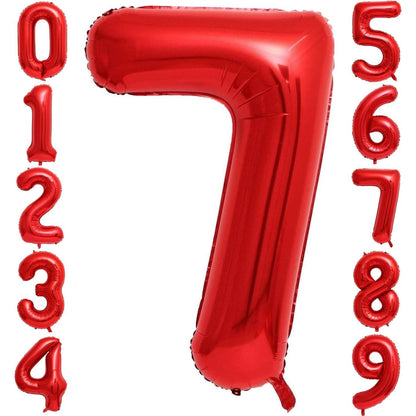 Balon din Folie Metalizata Klevo, Figurina Cifra, Tema Aniversare 100 cm, Ambalaj Individual, Pai inclus, Umflare cu Aer sau Heliu, Rosu, Cifra 7