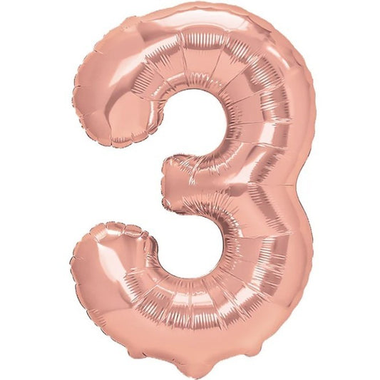 Balon din Folie Metalizata Klevo, Figurina Cifra, Tema Aniversare 100 cm, Ambalaj Individual, Pai inclus, Umflare cu Aer sau Heliu, Coral, Rose Gold, Cifra 3
