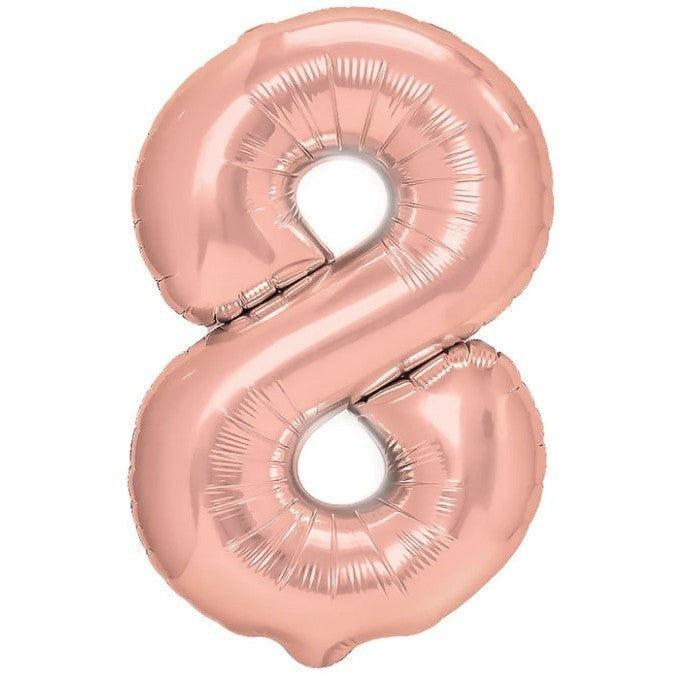 Balon din Folie Metalizata Klevo, Figurina Cifra, Tema Aniversare 100 cm, Ambalaj Individual, Pai inclus, Umflare cu Aer sau Heliu, Coral, Rose Gold, Cifra 8