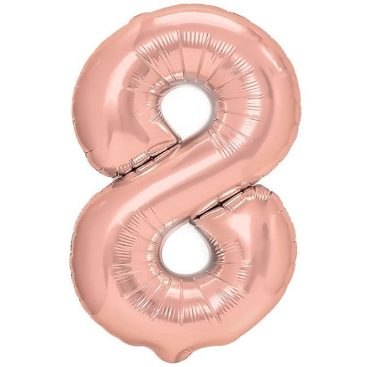 Balon din Folie Metalizata Klevo, Figurina Cifra, Tema Aniversare 100 cm, Ambalaj Individual, Pai inclus, Umflare cu Aer sau Heliu, Coral, Rose Gold, Cifra 8
