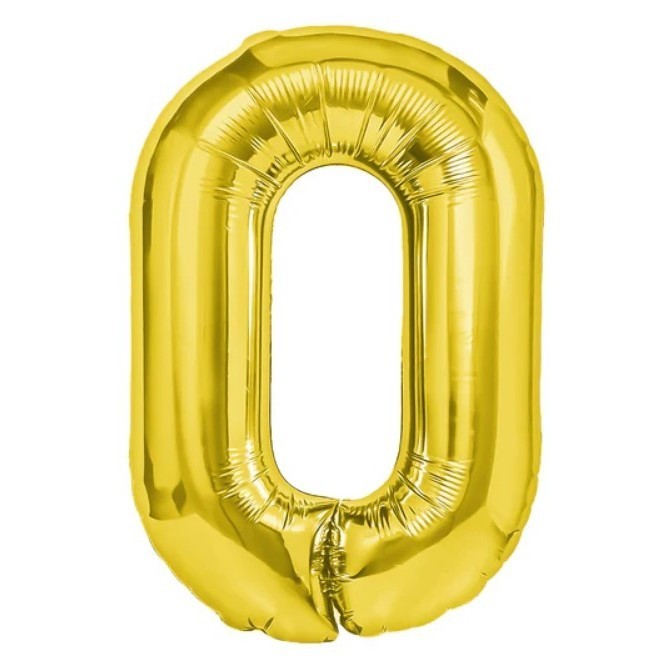 Balon din Folie Metalizata Klevo, Figurina Cifra, Tema Aniversare 100 cm, Ambalaj Individual, Pai inclus, Umflare cu Aer sau Heliu, Auriu, Cifra 0