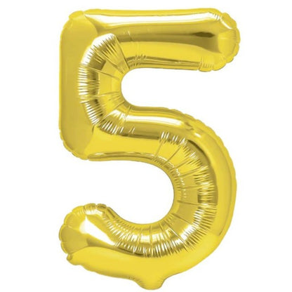 Balon din Folie Metalizata Klevo, Figurina Cifra, Tema Aniversare 100 cm, Ambalaj Individual, Pai inclus, Umflare cu Aer sau Heliu, Auriu, Cifra 5