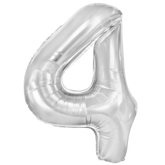Balon din Folie Metalizata, Klevo, Figurina Cifra, Tema Aniversare 100 cm, Ambalaj Individual, Pai inclus, Umflare cu Aer sau Heliu, Argintiu, Cifra 4