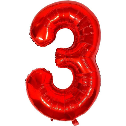 Balon din Folie Metalizata Klevo, Figurina Cifra, Tema Aniversare 100 cm, Ambalaj Individual, Pai inclus, Umflare cu Aer sau Heliu, Rosu, Cifra 3