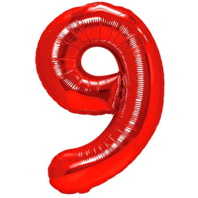 Balon din Folie Metalizata Klevo, Figurina Cifra, Tema Aniversare 100 cm, Ambalaj Individual, Pai inclus, Umflare cu Aer sau Heliu, Rosu, Cifra 9