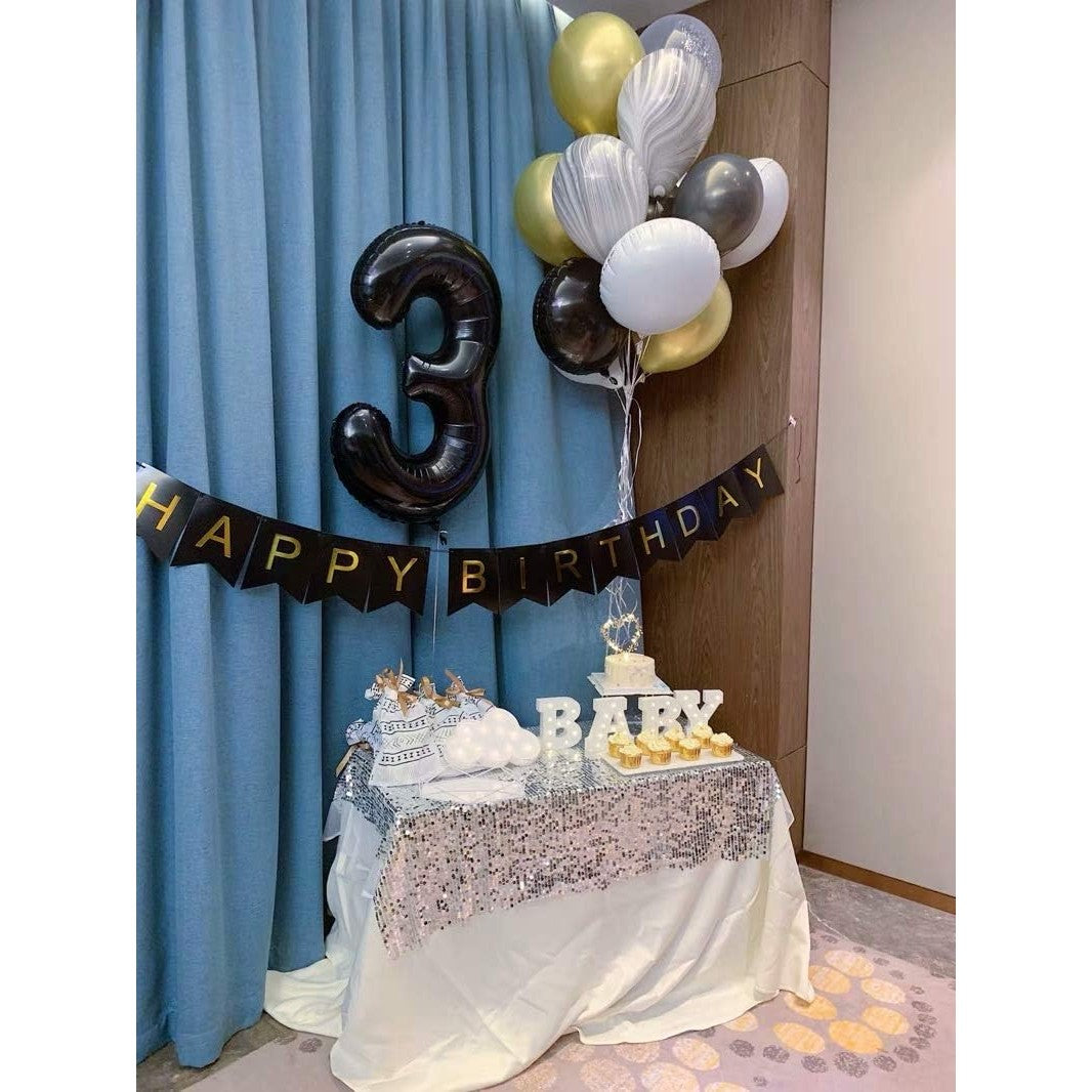 Balon din Folie Metalizata Klevo, Figurina Cifra, Tema Aniversare 40 cm, Ambalaj Individual, Pai inclus, Umflare cu Aer sau Heliu, Negru, Cifra 3