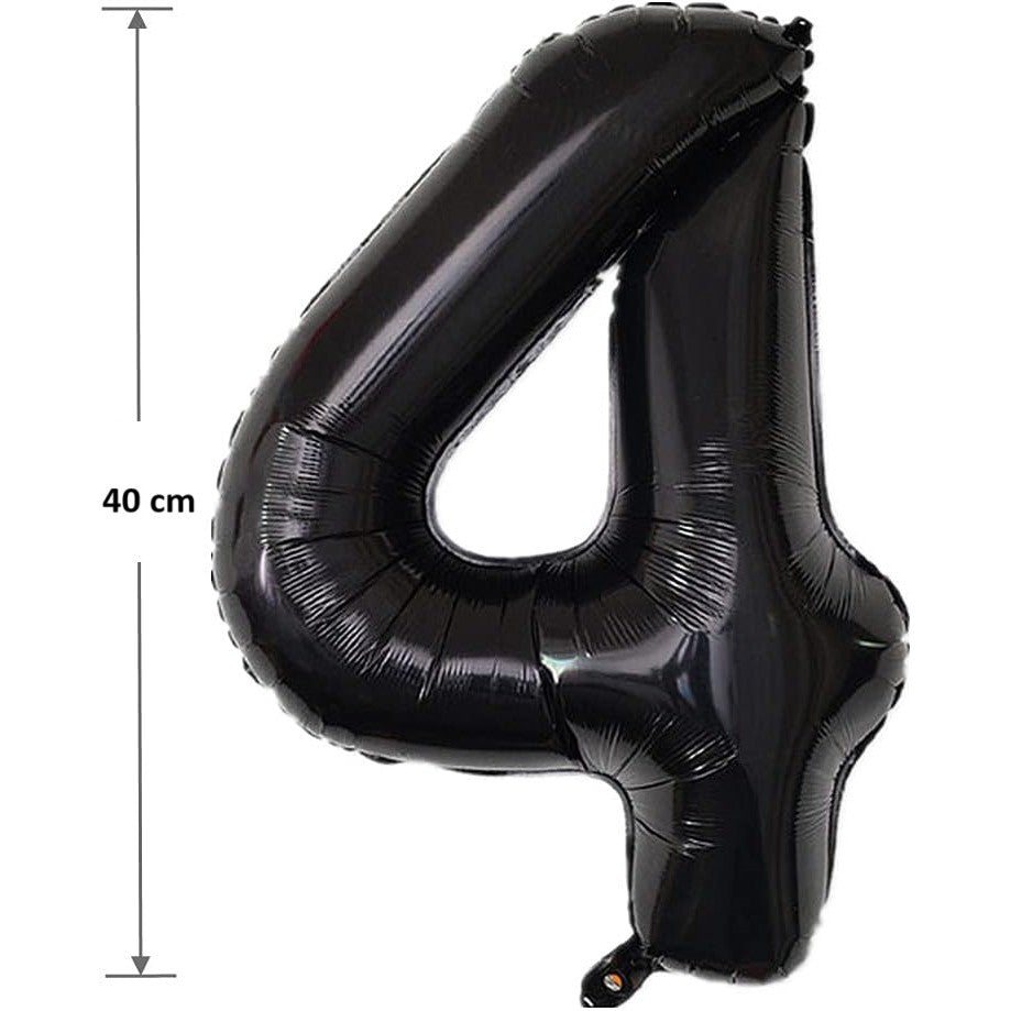 Balon din Folie Metalizata Klevo, Figurina Cifra, Tema Aniversare 40 cm, Ambalaj Individual, Pai inclus, Umflare cu Aer sau Heliu, Negru, Cifra 4