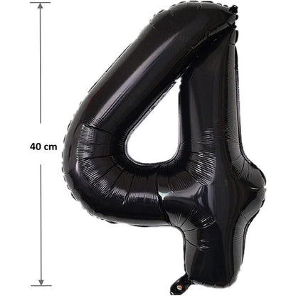 Balon din Folie Metalizata Klevo, Figurina Cifra, Tema Aniversare 40 cm, Ambalaj Individual, Pai inclus, Umflare cu Aer sau Heliu, Negru, Cifra 4