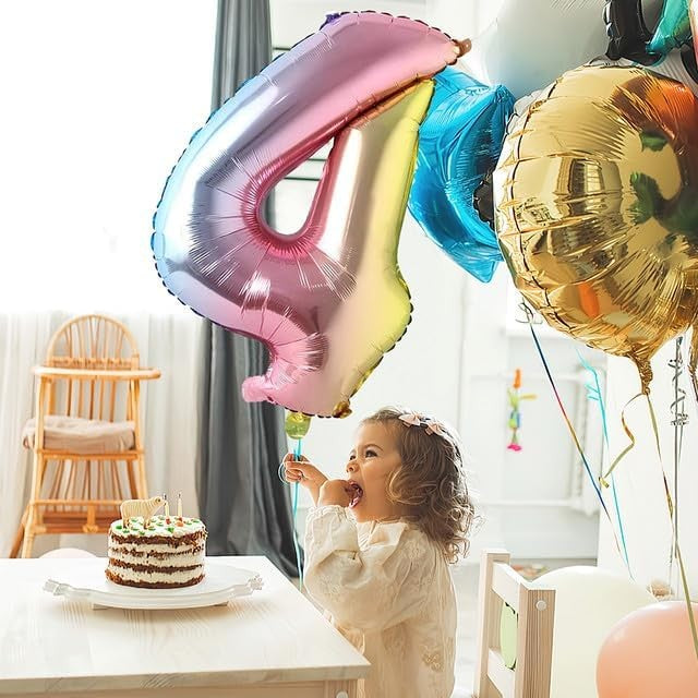Balon din Folie Metalizata Klevo, Figurina Cifra, Tema Aniversare 40 cm, Ambalaj Individual, Pai inclus, Umflare cu Aer sau Heliu, Multicolor, Cifra 4
