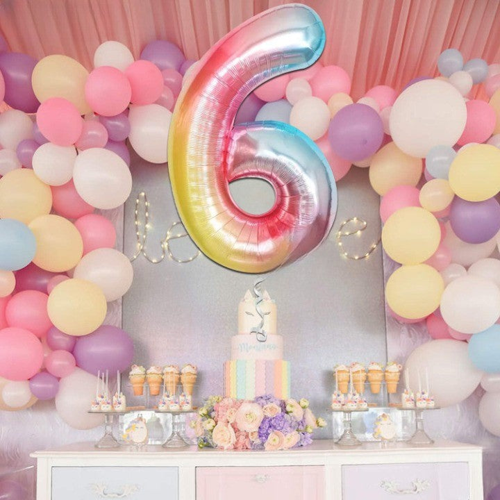 Balon din Folie Metalizata Klevo, Figurina Cifra, Tema Aniversare 40 cm, Ambalaj Individual, Pai inclus, Umflare cu Aer sau Heliu, Multicolor, Cifra 6
