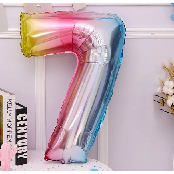 Balon din Folie Metalizata Klevo, Figurina Cifra, Tema Aniversare 40 cm, Ambalaj Individual, Pai inclus, Umflare cu Aer sau Heliu, Multicolor, Cifra 7
