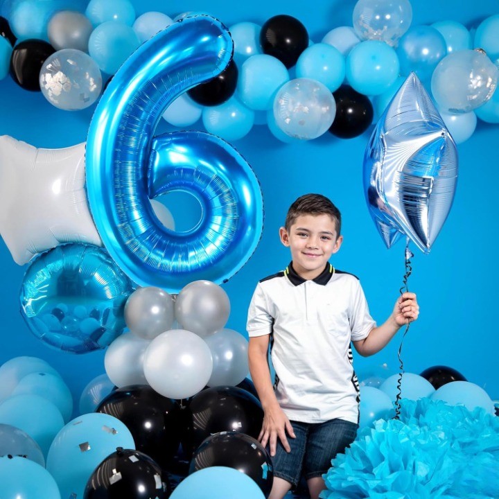 Balon din Folie Metalizata Klevo, Figurina Cifra, Tema Aniversare 40 cm, Ambalaj Individual, Pai inclus, Umflare cu Aer sau Heliu, Albastru, Cifra 6