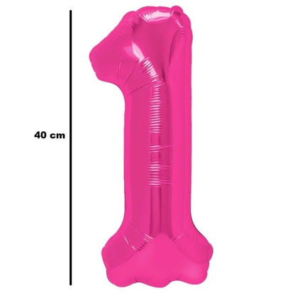 Balon din Folie Metalizata Klevo, Figurina Cifra, Tema Aniversare 40 cm, Ambalaj Individual, Pai inclus, Umflare cu Aer sau Heliu, Roz, Cifra 1