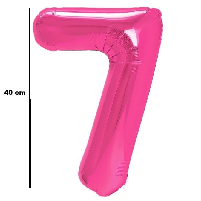 Balon din Folie Metalizata Klevo, Figurina Cifra, Tema Aniversare 40 cm, Ambalaj Individual, Pai inclus, Umflare cu Aer sau Heliu, Roz, Cifra 7