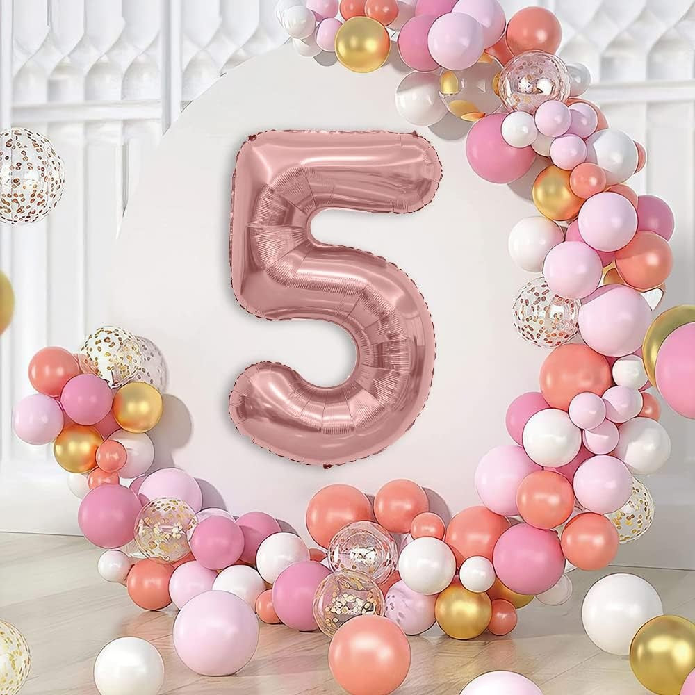 Balon din Folie Metalizata Klevo, Figurina Cifra, Tema Aniversare 40 cm, Ambalaj Individual, Pai inclus, Umflare cu Aer sau Heliu, Rose Gold, Cifra 5