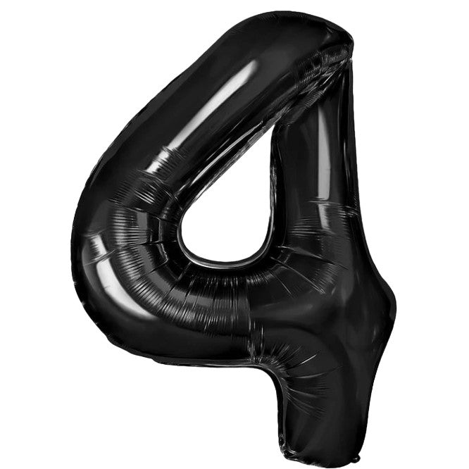 Balon din Folie Metalizata Klevo, Figurina Cifra, Tema Aniversare 40 cm, Ambalaj Individual, Pai inclus, Umflare cu Aer sau Heliu, Negru, Cifra 4
