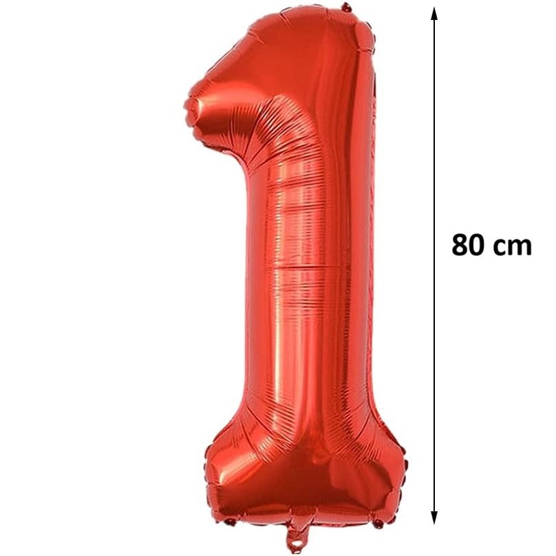 Balon din Folie Metalizata Klevo, Figurina Cifra, Tema Aniversare 80 cm, Ambalaj Individual, Pai inclus, Umflare cu Aer sau Heliu, Rosu, Cifra 1