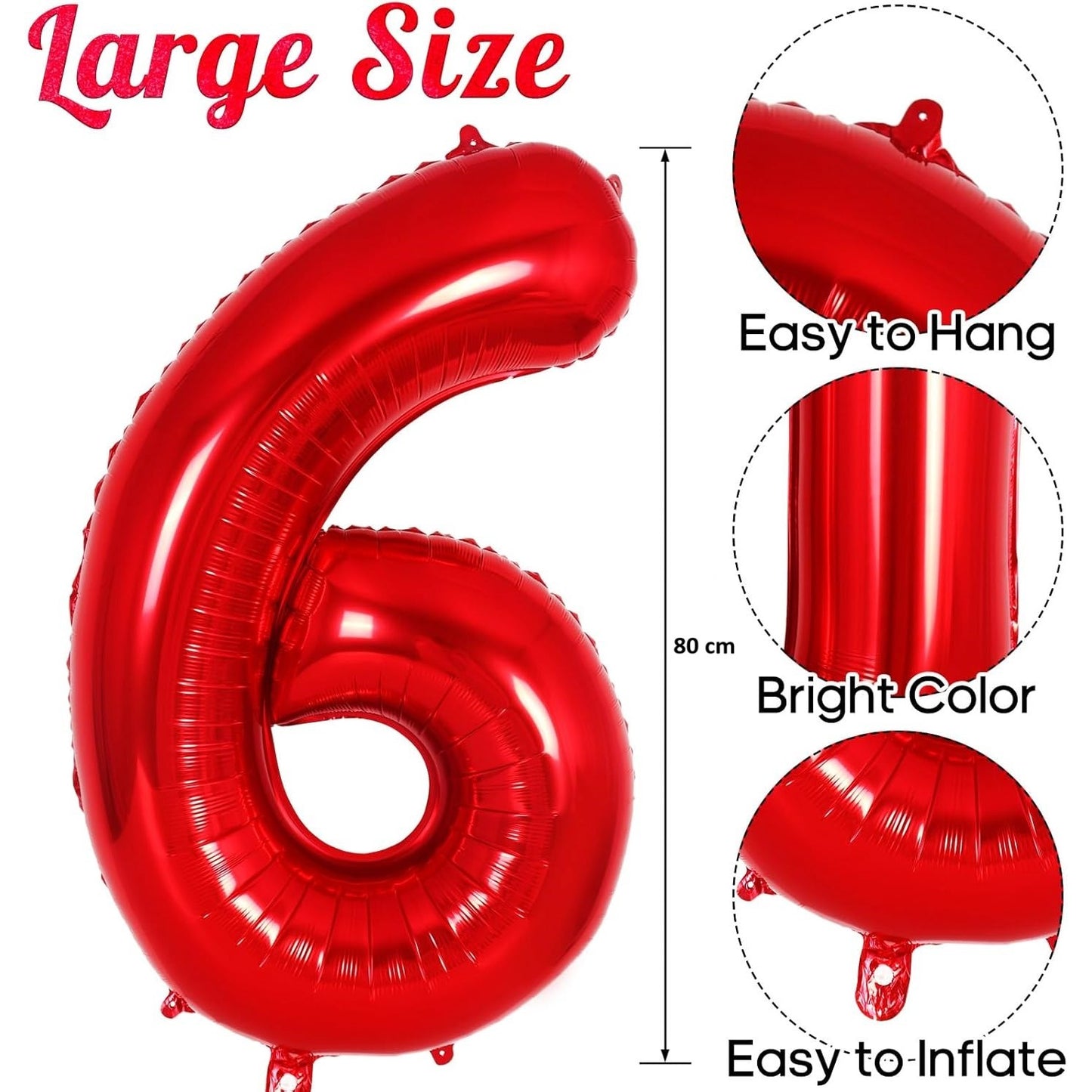 Balon din Folie Metalizata Klevo, Figurina Cifra, Tema Aniversare 80 cm, Ambalaj Individual, Pai inclus, Umflare cu Aer sau Heliu, Rosu, Cifra 6
