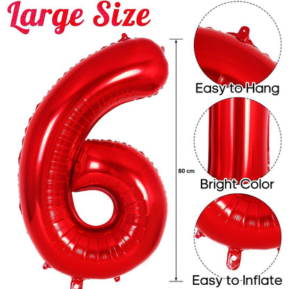 Balon din Folie Metalizata Klevo, Figurina Cifra, Tema Aniversare 80 cm, Ambalaj Individual, Pai inclus, Umflare cu Aer sau Heliu, Rosu, Cifra 6