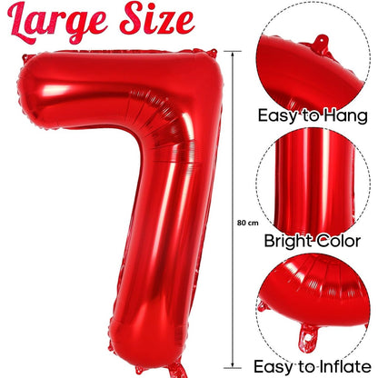 Balon din Folie Metalizata Klevo, Figurina Cifra, Tema Aniversare 80 cm, Ambalaj Individual, Pai inclus, Umflare cu Aer sau Heliu, Rosu, Cifra 7