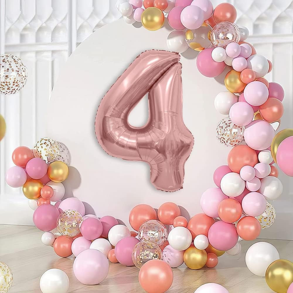 Balon din Folie Metalizata Klevo, Figurina Cifra, Tema Aniversare 80 cm, Ambalaj Individual, Pai inclus, Umflare cu Aer sau Heliu, Rose, Cifra 4