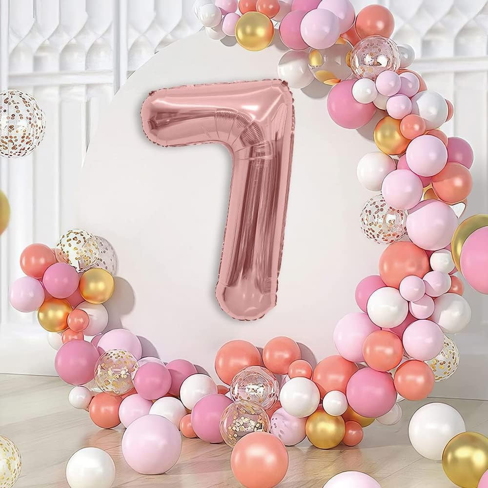 Balon din Folie Metalizata Klevo, Figurina Cifra, Tema Aniversare 80 cm, Ambalaj Individual, Pai inclus, Umflare cu Aer sau Heliu, Rose, Cifra 7