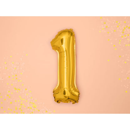 Balon din Folie Metalizata Klevo, Figurina Cifra, Tema Aniversare 80 cm, Ambalaj Individual, Pai inclus, Umflare cu Aer sau Heliu, Auriu, Cifra 1
