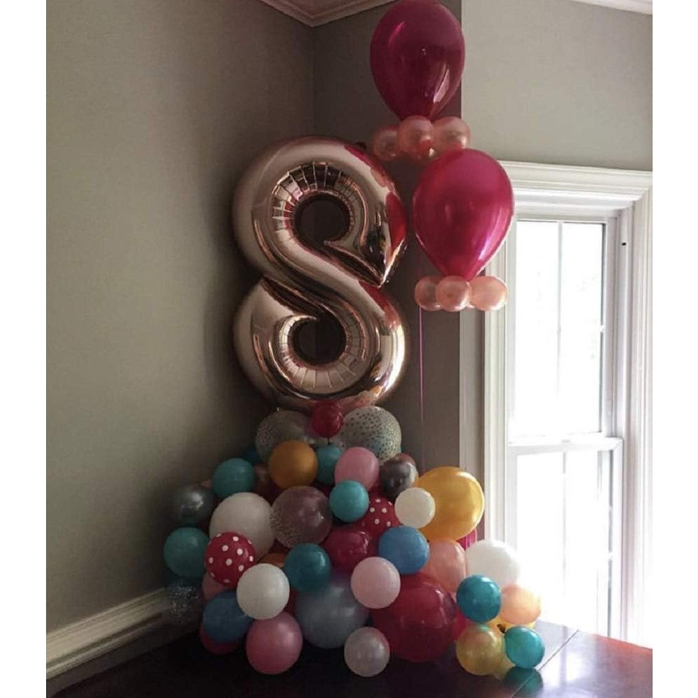 Balon din Folie Metalizata Klevo, Figurina Cifra, Tema Aniversare 80 cm, Ambalaj Individual, Pai inclus, Umflare cu Aer sau Heliu, Rose Gold, Cifra 8