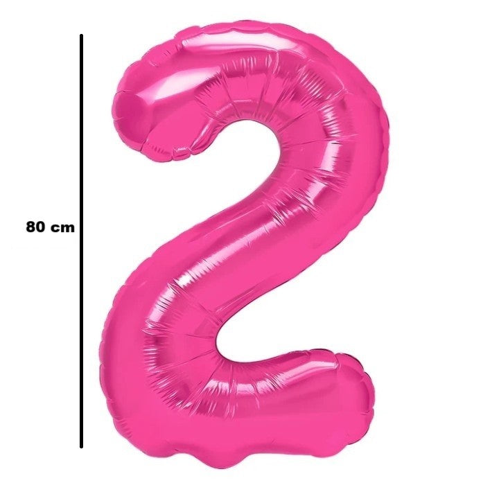 Balon din Folie Metalizata Klevo, Figurina Cifra, Tema Aniversare 80 cm, Ambalaj Individual, Pai inclus, Umflare cu Aer sau Heliu, Roz, Cifra 2