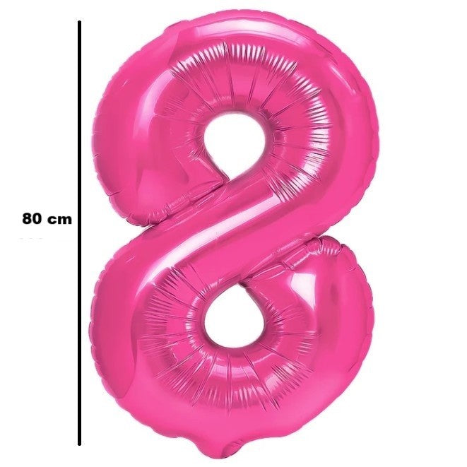 Balon din Folie Metalizata Klevo, Figurina Cifra, Tema Aniversare 80 cm, Ambalaj Individual, Pai inclus, Umflare cu Aer sau Heliu, Roz, Cifra 8