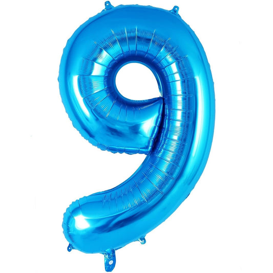 Balon din Folie Metalizata, Klevo, Figurina Cifra, Tema Aniversare 80 cm, Ambalaj Individual, Pai inclus, Umflare cu Aer sau Heliu, Albastru, Cifra 9