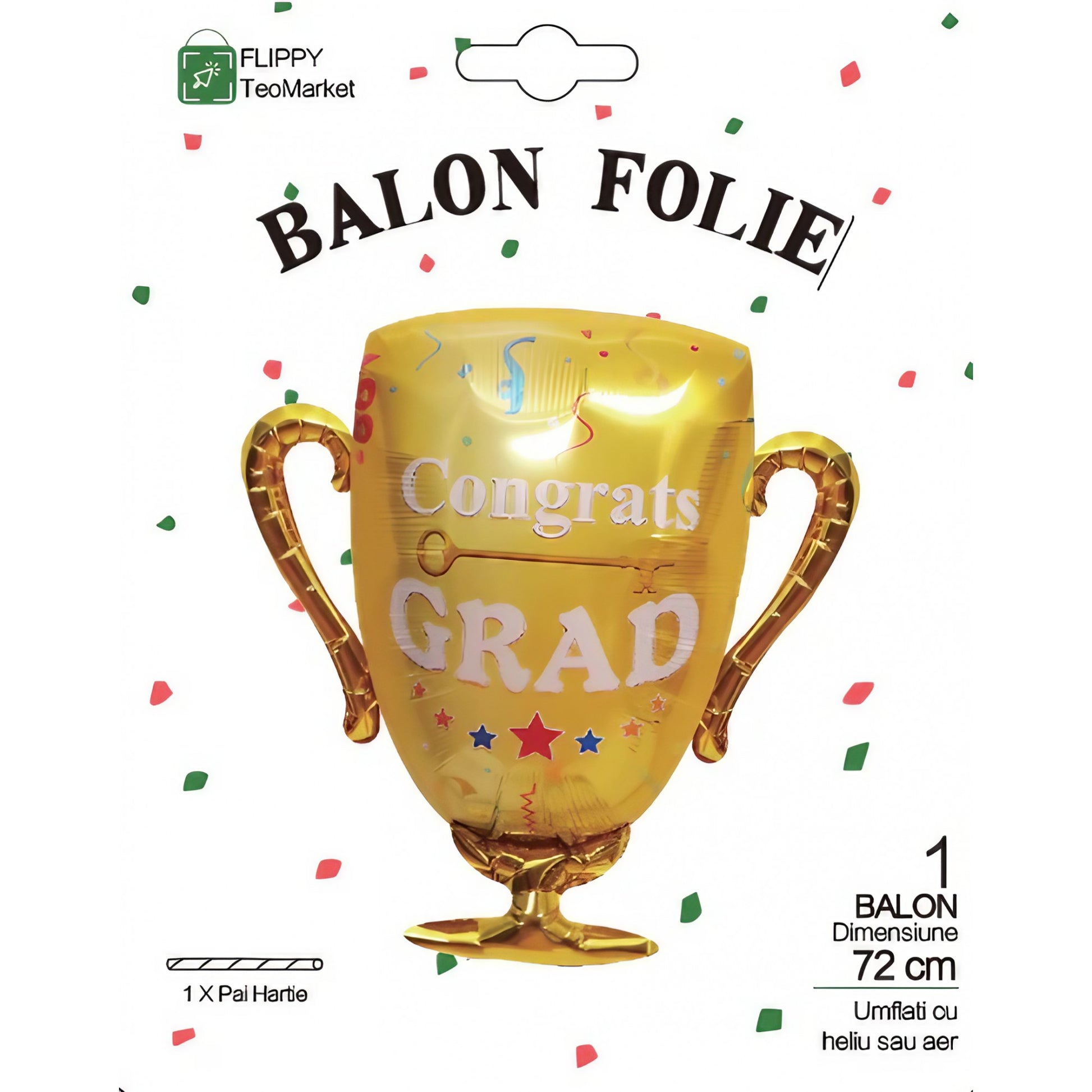 Balon din Folie Metalizata, Klevo, Figurina Cupa, Tema Absolvire, 65x72cm, Ambalaj Individual, Pai Inclus, Umflare cu Aer sau Heliu, Galben