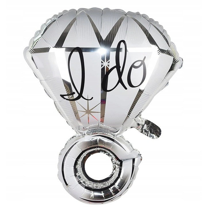 Balon din Folie Metalizata, Klevo, Figurina Inel de Logodna, Model Diamant, Tema Nunta, 60 cm, Ambalaj Individual, Pai Inclus, Umflare cu Aer sau Heliu, Alb