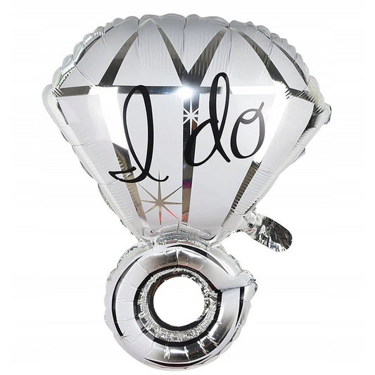 Balon din Folie Metalizata, Klevo, Figurina Inel de Logodna, Model Diamant, Tema Nunta, 60 cm, Ambalaj Individual, Pai Inclus, Umflare cu Aer sau Heliu, Alb
