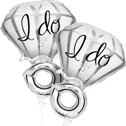 Balon din Folie Metalizata, Klevo, Figurina Inel de Logodna, Model Diamant, Tema Nunta, 60 cm, Ambalaj Individual, Pai Inclus, Umflare cu Aer sau Heliu, Alb