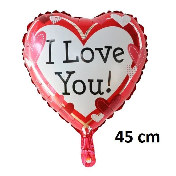 Balon din Folie Metalizata, Klevo, Figurina Inima, Model I Love You, Tema Ziua Indragostitilor, 45 cm, Ambalaj Individual, Pai Inclus, Umflare cu Aer sau Heliu, Rosu/Alb