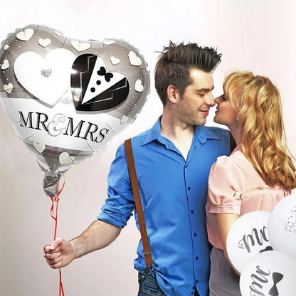 Balon din Folie Metalizata, Klevo, Figurina Inima, Model Mr&Mrs, Tema Nunta, 45 cm, Ambalaj Individual, Pai Inclus, Umflare cu Aer sau Heliu, Gri