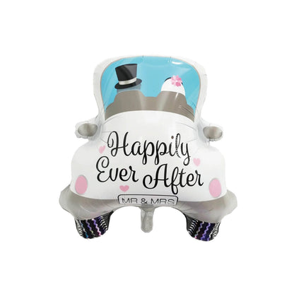 Balon din Folie Metalizata, Klevo, Figurina Masina, Model Nunta Happily Ever After, Tema Nunta, 60 x 63 cm, Ambalaj Individual, Pai Inclus, Umflare cu Aer sau Heliu, Alb